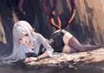  1girl black_jacket black_shorts black_thighhighs bracelet breasts closers hair_between_eyes jacket jewelry large_breasts levia_(closers) long_hair looking_at_viewer lying necklace open_mouth pointy_ears short_shorts shorts sidelocks solo swd3e2 tentacles thighhighs white_hair 