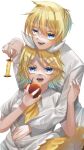  apple apple_core arm_around_shoulder blonde_hair blue_eyes bow brother_and_sister collared_dress colored_eyelashes dress evillious_nendaiki food fruit gretel_(evillious_nendaiki) hair_between_eyes hair_bow hair_ornament hairclip hand_on_another&#039;s_arm hand_on_another&#039;s_stomach hansel_(evillious_nendaiki) highres holding holding_food holding_fruit hug hug_from_behind imminent_bite kagamine_len kagamine_rin kei_(3o4xxwcc5nksquy) long_sleeves neckerchief okizari_tsukiyosyou_(vocaloid) open_mouth red_apple shirt short_ponytail short_sleeves siblings smile swept_bangs twins vocaloid white_bow white_dress white_shirt yellow_neckerchief 