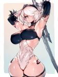  1girl 2b_(nier:automata) black_gloves black_headband black_leotard blue_eyes border breasts cleavage cleavage_cutout clothing_cutout commentary covered_navel cowboy_shot cropped_legs elbow_gloves fumio_(rsqkr) gloves hair_between_eyes hair_over_one_eye headband highleg highleg_leotard highres holding holding_sword holding_weapon juliet_sleeves large_breasts leotard long_sleeves mole mole_under_mouth nier:automata nier_(series) no_blindfold parted_lips puffy_sleeves short_hair simple_background skin_tight sleeveless sleeveless_turtleneck sleeveless_turtleneck_leotard solo sword thick_thighs thighhighs thighs turtleneck turtleneck_leotard two-tone_background two-tone_leotard weapon weapon_behind_back white_background white_border white_hair 