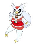  anthro armwear bag beak big_breasts black_eyes breasts clothing collar delibird female fur generation_2_pokemon huge_breasts legwear nintendo pokeball pokemon pokemon_(species) red_body red_clothing simple_background solo tunic urusee584 white_background white_body white_fur 