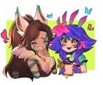  ! !! 2girls :d blush breasts brown_eyes brown_hair cheese cleavage collarbone colored_skin cropped_torso flower food green_skin grin hair_between_eyes hair_flower hair_ornament heart highres holding holding_food league_of_legends long_hair mizah_(mizah) multiple_girls neeko_(league_of_legends) nidalee pink_flower purple_skin small_breasts smile teeth toast upper_body upper_teeth_only white_background yellow_background 