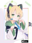  1girl absurdres animal_ear_headphones animal_ears blonde_hair blue_archive blue_necktie blush character_name collared_shirt fake_animal_ears green_eyes green_halo halo headphones highres jacket long_sleeves looking_at_viewer midori_(blue_archive) necktie parted_lips rokukarashi shirt short_hair solo two-sided_fabric two-sided_jacket upper_body white_jacket white_shirt 