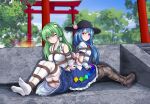  absurdres bdsm blue_hair blurry blurry_background bondage bound bound_together full_body gag green_eyes green_hair highres hinanawi_tenshi kochiya_sanae nontraditional_miko outdoors panty_&amp;_stocking_with_garterbelt pantyhose peach_hat_ornament red_eyes shibari socks tied_up_(nonsexual) touhou white_socks yanx5 