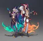  alternate_costume animal_ears animal_feet arm_at_side black_gloves breasts cleavage collarbone ears_through_headwear fingerless_gloves full_body gloves grey_background hand_up highres large_breasts league_of_legends mamoriartt navel pants pointy_ears rakan_(league_of_legends) red_hair standing stomach white_hair white_pants wings xayah 