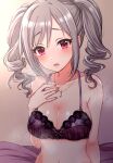  1girl absurdres bare_shoulders blush bra breasts cleavage commentary_request drill_hair grey_hair highres idolmaster idolmaster_cinderella_girls jewelry kanzaki_ranko large_breasts long_hair looking_at_viewer mariabowl navel necklace on_bed open_mouth purple_bra red_eyes red_nails solo steam swept_bangs twin_drills twintails underwear upper_body 