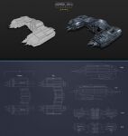  3d absurdres blueprint_(medium) caldari_state_(eve_online) commentary concept_art corvette_(eve_online) eve_online glowing grey_theme highres imonedesign military_vehicle multiple_views no_humans original science_fiction spacecraft vehicle_focus 