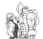  2boys dio_brando earrings greyscale hair_over_eyes jewelry jojo_no_kimyou_na_bouken male_focus merumeru626 monochrome mullet multiple_boys muscular muscular_male pectorals pointing pointing_at_self shirt sleeveless sleeveless_turtleneck stardust_crusaders the_world tight tight_shirt turtleneck 