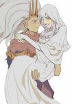  1boy 1girl ;d absurdres aged_up blush brother_and_sister brown_scarf carrying carrying_person crown dark_souls_(series) dark_souls_i dark_souls_iii dark_sun_gwyndolin dress from_side genderswap genderswap_(mtf) grey_dress grey_eyes grey_hair highres long_hair long_sleeves looking_at_viewer nameless_king one_eye_closed princess_carry profile scarf siblings simple_background smile teeth torn_clothes torn_scarf veil white_background zunkome 
