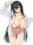  1girl absurdres arm_up armpits azur_lane bikini black_hair blush breasts cleavage collarbone cowboy_shot criss-cross_straps crossed_bangs hair_between_eyes hanging_breasts head_tilt highres huge_breasts long_hair looking_at_viewer navel official_alternate_costume one_side_up open_clothes open_mouth open_shirt red_eyes shirt simple_background skindentation smile solo stomach string_bikini sweat swimsuit taihou_(azur_lane) taihou_(seaside_daydreams)_(azur_lane) thigh_strap thighs very_long_hair wet white_background white_bikini white_shirt yukiman1056 