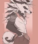  2023 aardwolf abs alexyoshirama anthro bulge canid canine canis clothed clothing digital_media_(artwork) ear_piercing eyes_closed fangs fur hair half-length_portrait hi_res hyena male mammal meme messy_hair open_mouth piercing portrait pulling_up_pants reavth scar simple_background solo spiky_hair striped_body striped_fur stripes tail teeth tight_pants_(meme) tired underwear wolf 