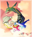  absurdres black_sclera border claws cloud colored_sclera colored_skin green_skin highres horns latias latios looking_at_another no_humans open_mouth pokemon pokemon_(creature) rayquaza red_eyes signature sky smile vergolophus wings yellow_eyes 