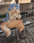  anthro bench beverage black_nose blue_hair boots bottomless bottomless_female braided_hair braided_ponytail canid canine carmelita_fox clothed clothing coat cobblestone coffee coffee_mug detailed_background drinking dullvivid ear_piercing ear_ring eyes_closed female fluffy fluffy_tail footwear fox hair hi_res hot_drink mammal neck_tuft park park_bench partially_clothed pea_coat piercing ponytail public ring_piercing sly_cooper_(series) solo sony_corporation sony_interactive_entertainment sucker_punch_productions tail thick_thighs topwear tuft 