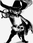  1boy belt boots cat_boy cat_nose cavalier_hat full_body furry furry_male hat_feather highres holding holding_sword holding_weapon looking_at_viewer male_focus monochrome open_mouth pepepegle puss_in_boots puss_in_boots:_the_last_wish puss_in_boots_(shrek) rapier standing sword thigh_boots weapon 