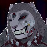  abstract_background anthro bethesda_softworks dra&#039;ni fangs felid female fur jewelry khajiit mahleisen mammal piercing red_eyes solo teeth the_elder_scrolls vampire white_body white_fur 