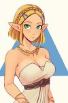  1girl absurdres bare_shoulders blonde_hair braid breasts dress english_commentary french_braid green_eyes highres jewelry looking_at_viewer medium_breasts necklace pointy_ears princess_zelda raichiyo33 short_hair sidelocks solo strapless strapless_dress the_legend_of_zelda the_legend_of_zelda:_tears_of_the_kingdom triforce white_dress 
