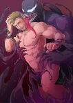  2boys abs artist_name bara blonde_hair blush completely_nude covering covering_crotch eddie_brock evinist facial_hair highres interspecies large_pectorals long_tongue male_focus marvel monster_boy multiple_boys muscular muscular_male navel nipples nude open_mouth pectorals short_hair symbiote tongue tongue_out venom_(2018) venom_(marvel) yaoi 