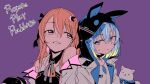  2girls alternate_costume animal_hood black_choker blue_eyes blue_hair choker english_text gochuumon_wa_usagi_desu_ka? hair_between_eyes hair_ornament hetareeji highres hood hood_up hoto_cocoa kafuu_chino light_blue_hair long_hair multiple_girls off_shoulder orange_hair parted_lips pink_eyes purple_background rabbit_hood simple_background smile 