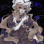  black_background blonde_hair blue_bow blue_flower blue_ribbon bow dark_background dress eye_symbol flower hair_bow hat hat_ribbon highres holding holding_flower long_hair looking_at_object mob_cap purple_dress purple_eyes ribbon shindiyue touhou white_headwear yakumo_yukari 