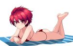  1girl absurdres aikir_(jml5160) ass barefoot bikini blush breasts collarbone highres large_breasts looking_at_viewer lying on_stomach original red_bikini red_eyes red_hair short_hair simple_background smile solo swimsuit white_background 