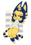 2022 animal_crossing ankha_(animal_crossing) anthro blue_hair domestic_cat eyelashes felid feline felis female frown full-length_portrait fur hair half-closed_eyes hand_on_face lemyawn mammal markings narrowed_eyes nintendo pattern_background portrait short_hair simple_background solo striped_background striped_markings striped_tail stripes tail tail_markings thick_thighs uraeus white_background wide_hips yellow_body yellow_fur 