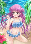  1girl :d arm_at_side beach bikini blue_bikini blurry blush breasts clenched_hand collarbone commentary_request day depth_of_field eyelashes eyes_visible_through_hair feet_out_of_frame floating_hair flower frilled_bikini frills grey_eyes hair_between_eyes halterneck hand_up highres katou_umi lens_flare light_rays long_hair looking_at_viewer midriff minatoto navel ocean open_mouth outdoors palm_tree purple_hair red_flower shiny_skin sitting small_breasts smile solo sparkle stomach summer_pockets swimsuit tree two_side_up very_long_hair wariza wet 
