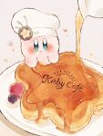  :t badge berry blue_eyes blush blush_stickers button_badge chef_hat closed_mouth commentary flower_(symbol) food fruit guarani_(muku_6930) hat kirby kirby_(series) kirby_cafe looking_at_viewer maple_syrup no_humans pancake plate pouring simple_background solo star_(symbol) symbol-only_commentary syrup white_background white_headwear 