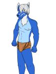  anthro asymmetrical_hair blue_body canid canine canis clothed clothing fuze garu_(kyuranger) hair hi_res male mammal navel nipples red_eyes simple_background solo topless uchu_sentai_kyuranger underwear underwear_only white_background white_hair wolf 