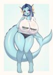  anthro big_breasts blue_body blue_hair blush breasts camel_toe clothing eeveelution english_text female generation_1_pokemon hair hi_res huge_breasts hyper hyper_breasts japanese_text nintendo open_mouth pokemon pokemon_(species) purple_eyes shirt smile solo standing tail tailzkim text text_on_clothing text_on_shirt text_on_topwear thick_thighs topwear vaporeon wide_hips 
