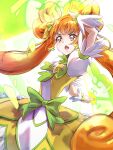  1girl clear_glass_(mildmild1311) commentary_request cure_rosetta dokidoki!_precure dress earrings eyelashes gloves hair_ornament highres jewelry long_hair looking_at_viewer magical_girl open_mouth orange_hair precure puffy_short_sleeves puffy_sleeves serious short_sleeves solo twintails white_gloves yellow_eyes yotsuba_alice 