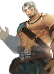  1boy abs another_eidos-r bara bare_pectorals beard character_request cowboy_shot eye_black facial_hair green_hair hands_up highres large_pectorals male_focus muscular muscular_male navel neumo nipples no_nipples obliques pectorals scar scar_on_chest scar_on_face scar_on_forehead short_hair smile solo stomach waving 
