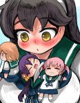  4girls :3 akebono_(kancolle) bandaid bandaid_on_cheek bandaid_on_face black_hair blush breasts brown_hair chibi commentary_request flower gaoo_(frpjx283) hair_bobbles hair_flower hair_ornament hairband highres kantai_collection large_breasts multiple_girls oboro_(kancolle) pink_hair purple_hair sazanami_(kancolle) school_uniform serafuku side_ponytail twintails ushio_(kancolle) ushio_kai_ni_(kancolle) white_hairband yellow_eyes 