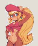  bangs beret big_breasts blonde_hair blue_eyes blunt_bangs bottomless bottomless_female breasts brown_body brown_fur clothed clothing collarbone dixie_kong donkey_kong_(series) ear_piercing ear_ring female fridge_(artist) fur grey_background hair hand_on_head hand_on_hip hat headgear headwear hi_res kong long_hair mammal nintendo piercing ponytail portrait primate ring_piercing shirt simple_background smile solo three-quarter_portrait tied_shirt topwear under_boob 