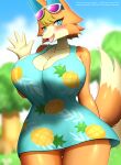  animal_crossing anthro audie_(animal_crossing) big_breasts blush breasts canid canine canis clothed clothing eyewear faroula_twitt female fur genitals hair hi_res looking_at_viewer mammal nintendo orange_body orange_fur pussy smile solo sunglasses wolf 