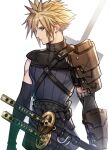  1boy absurdres blonde_hair cloud_strife elbow_gloves final_fantasy final_fantasy_vii final_fantasy_vii_ever_crisis gloves highres katana looking_at_viewer lukrevadraws official_alternate_costume ribbed_sweater sheath single_off_shoulder solo spiked_hair sweater sweater_vest sword weapon white_background 