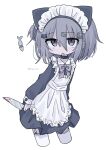  1girl apron artist_name black_dress bow bowtie dress grey_hair hair_between_eyes hair_ornament holding holding_knife kanikan knife long_sleeves maid_headdress original purple_bow purple_bowtie purple_eyes short_hair simple_background solo tongue tongue_out white_background 