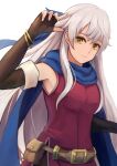  1girl bare_shoulders belt black_gloves black_leggings blue_scarf bracelet cowboy_shot dress elbow_gloves fingerless_gloves fire_emblem fire_emblem:_radiant_dawn gloves grey_hair hair_ribbon half_updo highres jewelry labebebe_lee leggings long_hair looking_at_viewer micaiah_(fire_emblem) ribbon scarf side_slit simple_background sleeveless sleeveless_dress smile solo white_background yellow_eyes 