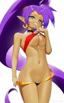  2023 blue_eyes breasts clothed clothing female fingernails fingers genie hair hi_res humanoid humanoid_pointy_ears iris lips looking_at_viewer nails navel not_furry partially_clothed pupils purple_hair red_clothing red_topwear revenant_(artist) shantae shantae_(series) simple_background solo teeth topwear undressing wayforward white_background 