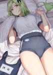  1girl alternate_costume bed_sheet bikini_removed black_buruma blanket_grab blush breasts buruma green_hair gym_shirt gym_uniform highres idolmaster idolmaster_(classic) idolmaster_stella_stage large_breasts looking_at_viewer lying mole mole_under_eye on_back pillow shiika_(idolmaster) shirt shirt_tucked_in smile solo swimsuit swimsuit_removed tsurui 