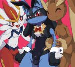  ambiguous_gender anthro arm_grab balls_outline blush bow_tie bulge bunny_costume cinderace clothed clothing costume detailed_bulge embarrassed eyes_closed fake_ears fake_rabbit_ears featureless_crotch generation_4_pokemon generation_8_pokemon genital_outline group hi_res huka lopunny lucario male male/ambiguous nintendo nude pink_background pokemon pokemon_(species) shirt_collar shirt_cuffs simple_background skimpy strapless_leotard tight_clothing trio 