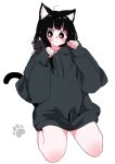 1girl ahoge animal_ears animal_on_shoulder bare_legs black_cat black_eyes black_hair blunt_bangs blush_stickers cat cat_ears cat_girl cat_tail dot_mouth dot_nose full_body grey_hoodie highres hood hoodie looking_to_the_side megateru nose original oversized_clothes paw_pose paw_print seiza sitting solo tail thighs white_background 