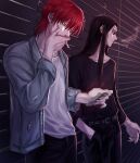  2boys alternate_costume black_eyes casual cellphone cigarette commentary_request hand_in_pocket highres hisoka_morow holding holding_cigarette hunter_x_hunter illumi_zoldyck kann_55 korean_commentary long_hair looking_at_phone male_focus multiple_boys outdoors pants phone red_hair shirt short_hair smartphone smoke smoking yellow_eyes 