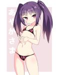  1girl alice_gear_aegis ben1shoga bikini breasts hands_on_own_stomach highres ichijou_ayaka long_hair looking_at_viewer navel own_hands_together pink_background purple_eyes purple_hair simple_background small_breasts solo stomach striped striped_bikini swimsuit thighs twintails 