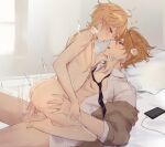  2boys absurdres aether_(genshin_impact) anal black_necktie blonde_hair blue_eyes blush cellphone charging_device clothed_male_nude_male cowgirl_position earrings from_side genshin_impact gumilkx hair_between_eyes heart highres jewelry long_hair lying male_focus multiple_boys necktie nipples nude on_back on_bed orange_eyes orange_hair otoko_no_ko penis phone profile saliva saliva_trail sex shirt single_earring straddling sweat tartaglia_(genshin_impact) tongue uncensored white_shirt yaoi 