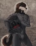  anthro armor black_body black_fur brown_body brown_fur brown_hair canid canine canis cheek_tuft collie domestic_dog facial_tuft fur grey_background hair half-closed_eyes headgear helmet herding_dog hi_res holding_armor holding_headgear holding_helmet holding_object long_hair machine male mammal narrowed_eyes pastoral_dog power_armor science_fiction sheepdog simple_background sleepy_poss solo the_expanse tuft white_body white_fur 