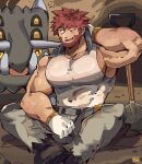  absurdres arm_hair bara beard byron_(pokemon) chest_hair facial_hair graysheartart highres large_pectorals muscular muscular_male pectoral_cleavage pectorals pokemon pokemon_dppt red_hair shovel tank_top thick_eyebrows white_tank_top 