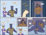  ambiguous_fluids anthro bed clothing comic dialogue duo father_(lore) felid feline furniture hi_res humor lagomorph leporid male male/male mammal muscular muscular_male parent_(lore) rabbit rub_lug sex son_(lore) speech_bubble text underwear 