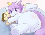  absurd_res bed big_butt blue_body blue_eyes blue_fur bluehiyokobunny blush butt butt_focus embarrassed equid equine female feral fur furniture hair hi_res horn jewelpet looking_at_viewer looking_back looking_back_at_viewer mammal on_bed opal_(jewelpet) plushie purple_hair sanrio solo winged_unicorn wings 