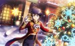  1boy blue_eyes blue_hair christmas_ornaments christmas_tree decorations frilled_sleeves frills gloves headset highres idol idolmaster idolmaster_side-m idolmaster_side-m_live_on_stage! long_sleeves male_focus official_art smile snow spotlight taiga_takeru white_gloves window 