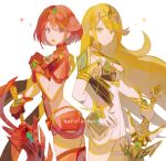  2girls :d artist_name ass black_leotard blonde_hair breasts commentary_request dress from_side gloves hand_on_own_hip hand_up headpiece highres holding holding_sword holding_weapon large_breasts leotard leotard_under_clothes long_hair maruta_maruta multiple_girls mythra_(xenoblade) pyra_(xenoblade) red_eyes red_gloves red_hair red_shorts short_shorts shorts simple_background sleeveless sleeveless_dress smile sparkle swept_bangs sword very_long_hair weapon white_background white_dress white_gloves xenoblade_chronicles_(series) xenoblade_chronicles_2 yellow_eyes 