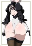  1girl 2b_(nier:automata) absurdres arms_at_sides ass ass_focus back back_cutout closed_mouth clothing_cutout from_behind gloves grey_hair head_out_of_frame highres leotard lipstick looking_back makeup median_furrow nier:automata nier_(series) puffy_sleeves short_hair skindentation solo thigh_gap thighhighs twisted_torso zabbraea 